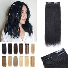 S-noilite Clip in Human Hair Extensions for Short Hair 1PCS 2 Clips Clip in Hairpieces For Women with Thinning Hair Add Hair Volume 17g 12Inch-Jet Black