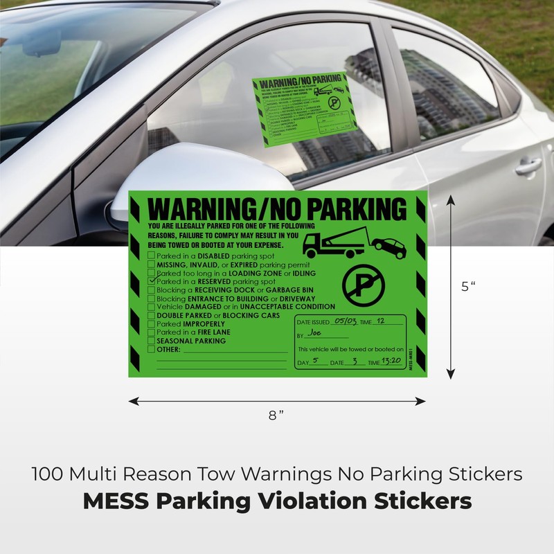Parking Violation Stickers for Cars (Fluorescent Green) - 100 Illegal
