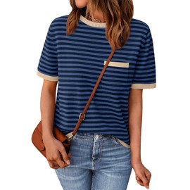 LILLUSORY Womens Summer Short Sleeve Sweater Shirts Tops 2025 Cute Tshirts Business Dressy Casual Teacher Trendy Outfits Clothes Blouse Work Fashion Spring Cotton Beach Striped Apricot Navy L