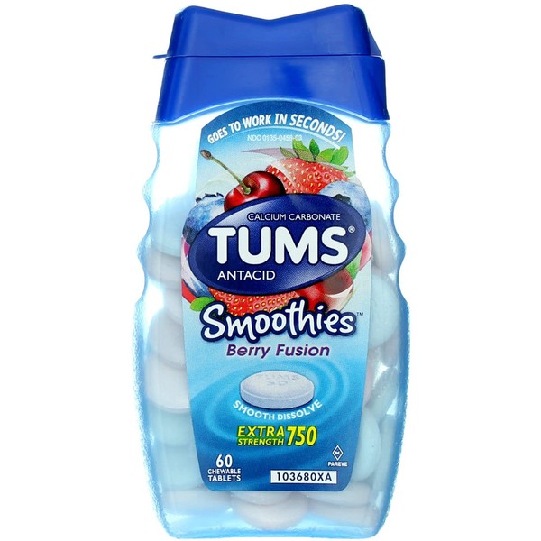 TUMS Extra Strength Smoothies Antacid Chewable Tablets, Berry Fusion, 750 mg, 60 Ct (Pack of 1)
