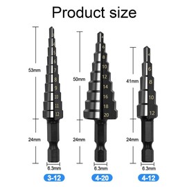 Okaywork 3 Pieces Step Drill Set, Hex Shank Step Drill HSS Cone Drill Step Drill Metal Peeling Drill for Metal Drill Bit Cone Drill Cone Drill (3-12 mm 4-12 mm 4-20 mm) (Black)