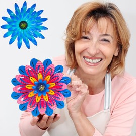 LITIALLY 2PCS 12 Inch Metal Flower Wall Decor - Blue and Red, Vibrant Rustic Modern Hanging Art Sculpture - Decoration for Farmhouse, Fence, Patio, Living Room - Kitchen and Bathroom Art Wall Decor