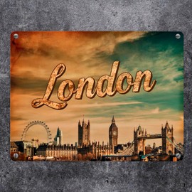 London Skyline Metal Sign in 15 x 20 cm - London with Big Ben London Eye Tower Bridge and Panoramic View in Gold Accents