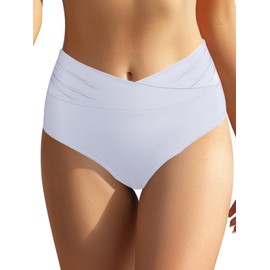 SHEKINI Women's High Waisted Bikini Bottoms Swim Shorts Ruched Foldover Front Tummy Control Swimming Briefs Full Coverage Bathing Suit Bottoms Ladies Retro. White, S
