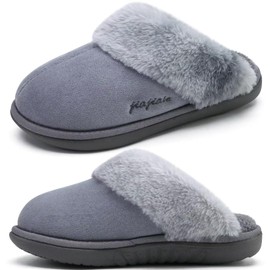 jiajiale Women's Slippers Cosy Fluffy Slippers for Winter Slip On Soft Cushion Slippers with Hard Rubber Sole Indoor Outdoor, gray