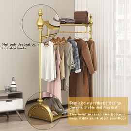 Clothing Rack Gold, Industrial Clothes Rack for hanging Clothes with Double Shelves Freestanding Multi-functional Heavy Duty Garment Rack, Metal Movable Coat Rack for Organizing Clothes Shoes