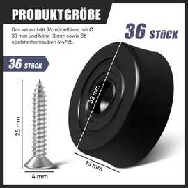 Dreamark Pack of 36 Furniture Feet, Black, Diameter 33 x H 13 mm, Round Furniture Legs, Feet for Furniture, Cabinet Feet, Furniture Gliders, Sofa Feet with 36 Screws for Cupboard, Chair, Table
