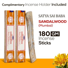 Satya Sandalwood Incense Sticks 180 gm (15GM X 12 Pack) from Satya Sai Baba Nag Champa and Raajsee Incense Sticks Holder Bundle, Free from Chemicals,Natural Insenses