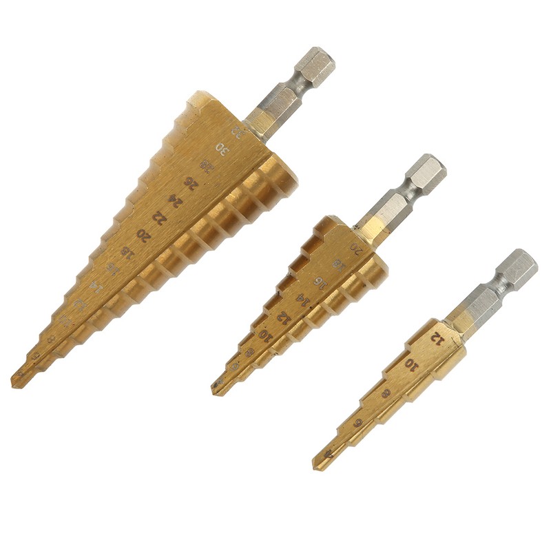 3Pcs Step Cone Drill Bit 6.35mm Hex Shank High Speed