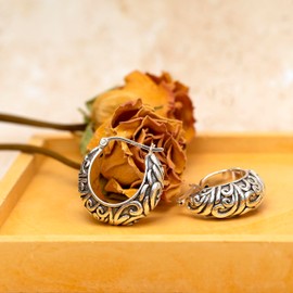 Tuscany Silver Women's Sterling Silver Oxidised Antique Style Patterned Creole Earrings, 25 x 24 mm