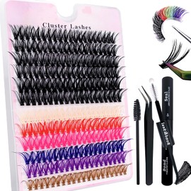 DIY Eyelash Extensions Set, 0.07D Eyelashes, Individual False Eyelash Cluster Mix, 6 Colours with Eyelash Glue and Tweezers for Beginners, Reusable Eyelash Clusters (50D + Colour), Pack of 240