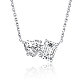 MomentWish Toi Et Moi Necklace, 2 Stone Necklace for Mom, Heart and Emerald Cut Moissanite Necklace for Women, 925 Sterling Silver Necklace Bithday Gift for Her(2Carat, VVS1)