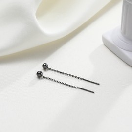 Pull-Through Earrings Sterling Silver 925 Gold-Plated Black with 4 mm Ball Hanging Short Chain Earrings for Women, Sterling Silver