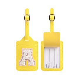 Initial Luggage Tags, PU Leather Suitcase Tags for Baggage Handbag Travel Bag Tags with Privacy Cover Name Card, Lettered Embroidered Travel Bag Labels Gifts for Women Kids Teens(Yellow A)