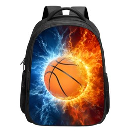KAFFUL Kids Basketball Backpack, Cool Fire and Ice Basketball School Bookbag, Elementary Girls & Boys Basketball Backpack for Kids, Water Resistant Lightweight School Bags, 15.7 Inches