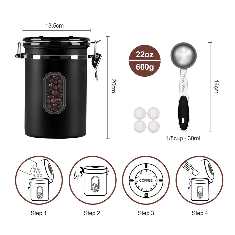 ROCKY&CHAO Coffee Canister Airtight Stainless Steel 1.8 L Coffee Beans