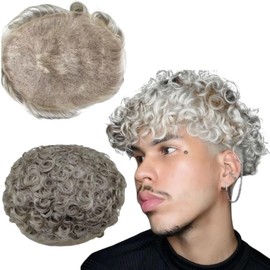 Mprosthesis Toupee for Men Human Replacement System Hair Units 10MM Curly Wave Mens Toupee White Piece Unit Natural Wigs Hair System For Men Color 1B80 (8x10) (Lace)