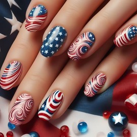 LOPMNGHT July 4th Press on Nails Medium Length Stars Red White Stripes Design Independence Day Acrylic Nail Full Cover Artificial Coffin Nails Holiday Patriotic Press Ons Stick on Nail for Women