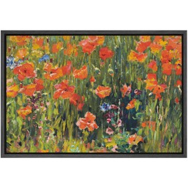 SIGNFORD Framed Canvas Print Wall Art Wild Poppy Field Lush Impressionist Landscape Illustrations Modern Art Minimal Relax/Calm for Living Room, Bedroom, Office - 24"x36" Black