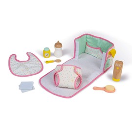 Janod - Children's changing bag with wooden accessories - Foldable changing table - 8 doll accessories - With bib, nappy, bottle - FSC certified - Baby toy from 2 years, J06501