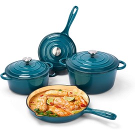 Hisencn Enameled Cast Iron Cookware Set - 7 Piece Set of Dutch Ovens, Sauce Pan, Skillet, 3 Lids, Dutch Oven Set, Ceramic Coated Cast Iron, Heavy Duty, Gas/Induction Compatible (Teal)