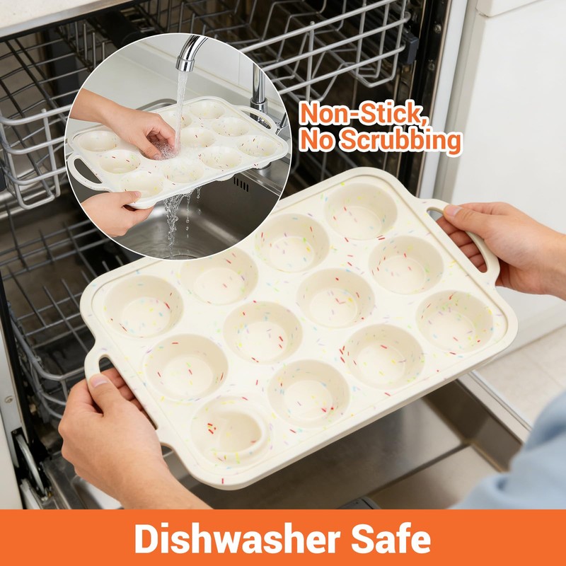 2 Pack Silicone Muffin Pans, 12-Cup Non-Stick Cupcake Baking Mold,