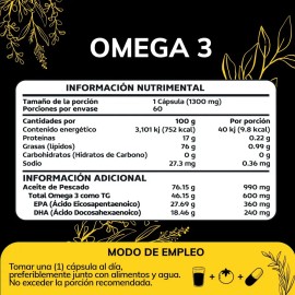 Omega 3 Ultra Purificado | Total Omega 3 como TG | Aceite de Pescado | Con Alto Contenido de EPA/DHA de Pesca Sostenible Con Certificados Internaciona