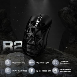 ATTACK SHARK R2 45g Superlight Magnesium Alloy Mouse, PixArt PAW3950 Sensor, 42000DPI, 8000Hz Wireless Polling Rate, 2.4G/BT/Wired Gaming Mouse, Programmable Mice with Coiled Cable, PC/Mac, Black