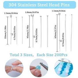 SUNNYCLUE 600 Pieces 3 Types Stainless Steel T-Pin Charm Necklace Clasp T-Pin Silver Silver Ring Charm Bail Pin Parts Eye Pin Parts Necklace Bracelet Bead Pin Pin Parts Bead Needle Round Pin Accessory