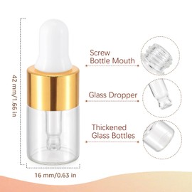 Kesell 2 ml Glass Dropper Bottle Mini Travel Size Essential Oil Bottles with Glass Eye Dropper Leak Proof Bottles Container for Perfume, Pack of 10 (Gold cap)