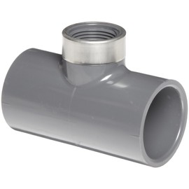 Spears 802-SR Series PVC Pipe Fitting, Tee, Schedule 80, Gray, 1-1/2" Socket x Stainless Steel Reinforced NPT Female
