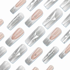 MERVF Long Square Press on Nails Ombre French Tip Fake Nails Sliver White Glue on Nails Swirls Squoval Acrylic False Nails Star Press ons Winter Nails Glossy 24pcs