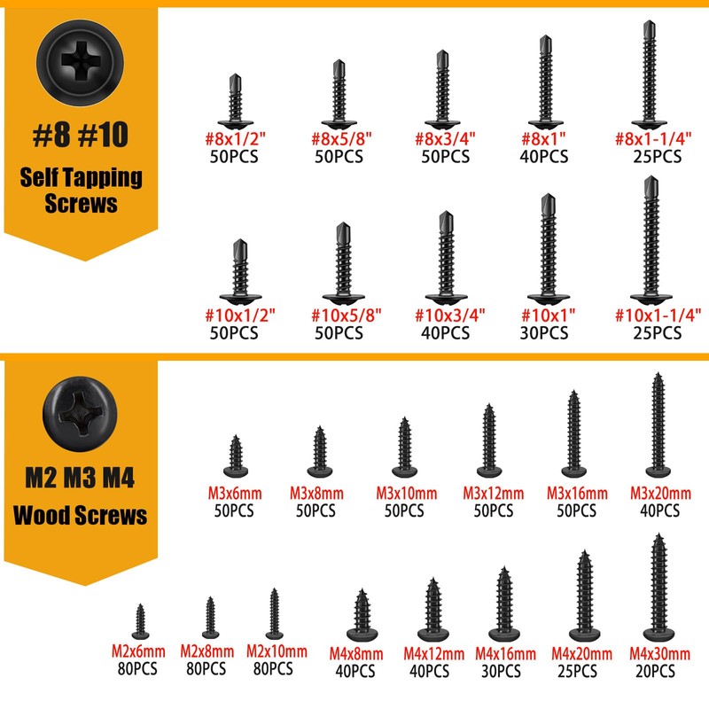 weideer 1095pcs Self Tapping Screws for Metal, #8#10 M2 M3