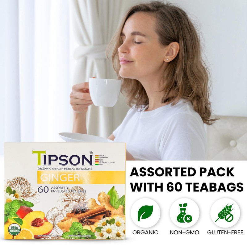 Tipson Organic Ginger Variety Sampler - 6 Flavors (60 Tea