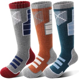 Anlisim Kids Merino Wool Ski Socks for Girls Boys Teen Thermal Winter Warm Thick Hiking Knee High Socks Stocking Stuffers for Skiing Snowboarding(Orange/Dark Green/Grey Red,8-12 Years)