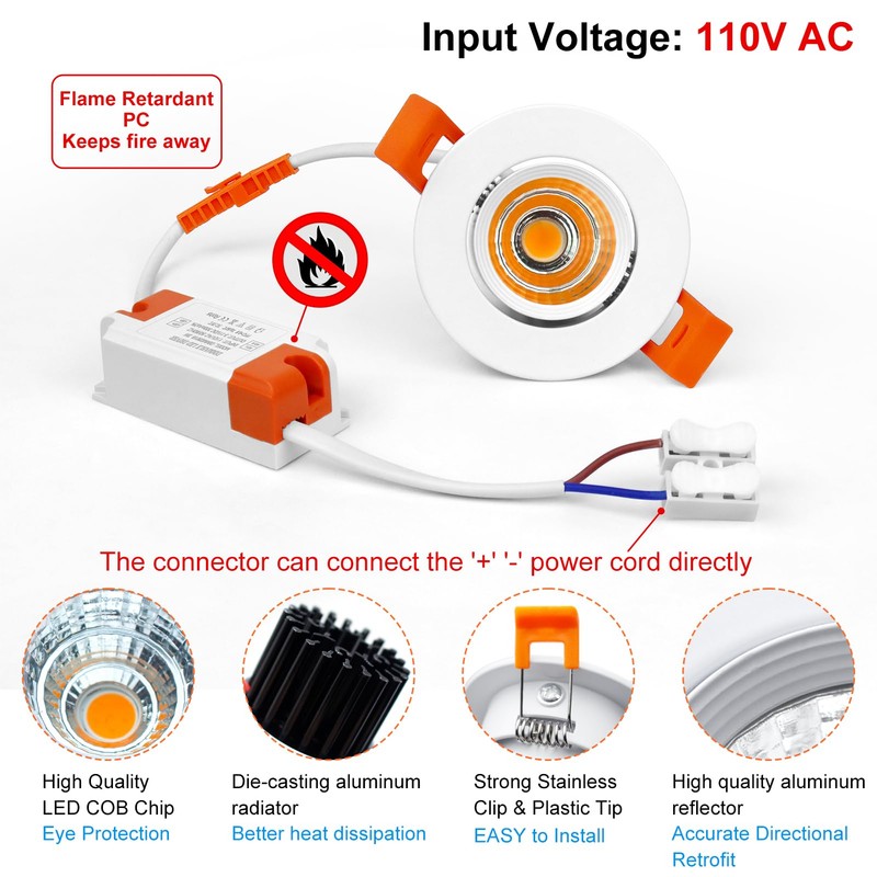 inShareplus 2 Inch LED Downlight, 3W Recessed Lighting COB Dimmable,