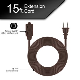 GE 3-Outlet Extension Cord with Multiple Outlets 15 Ft Extension Cord Power Strip 2 Prong 16 Gauge Twist-to-Close Safety Outlet Covers Indoor Extender Cord UL Listed Brown 51957