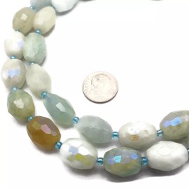 AB Coated Multi Color Aquamarine Faceted Rice Shape Beads 12x15mm 15.5"Strand
