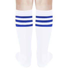 DOOVID Kids Girls Knee High Socks Soccer Socks for Toddler Boys Girls Tube Socks School Uniform Long Stockings White Blue 6-9 Years