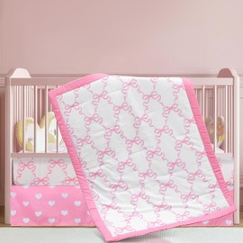 Hahafelt 3 Pcs Baby Girls Crib Bedding Set Coquette Pink Bow Baby Bedding Set for Girls Coquettish Pink Heart Bow Infant Nursery Includes Quilt, Fitted Crib Sheet and Skirt