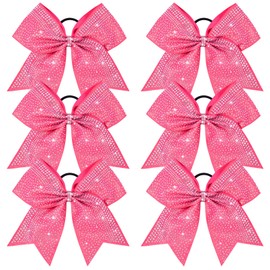 DEEKA 6PCS 8" Large Glitter Pink Cheer Bows with Full Shiny Rhinestones Multicolored Shimmer Cheer Hair Bows Elastic Band Ponytail Holder for Cheerleader Girls Sports-Pink