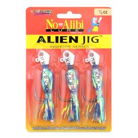 No Alibi Alien Jig Inshore Series, Pearl Blue Skirt, 1/2 oz White Head, 5/0 Hook, 3 pc