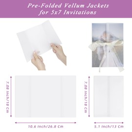 LazyMe 50 Pack Pre-Folded Vellum Jackets for 5x7 Invitations, 115 GSM Translucent Vellum Paper 5x7 Invitation Sleeves, Wedding Invitation Wraps for Weddings, Birthdays, Baby Showers