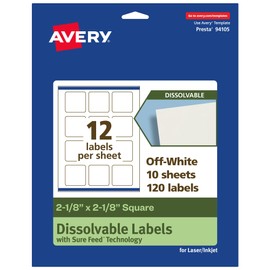 Avery Dissolvable Square Labels, Sure Feed Technology, 2-1/8" x 2-1/8", Matte White, Print-to-The-Edge, Laser/Inkjet Printable, 120 Labels Total