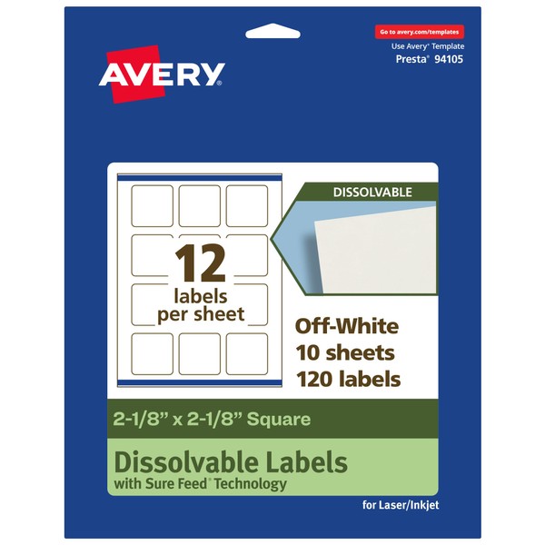 Avery Dissolvable Square Labels, Sure Feed Technology, 2-1/8" x 2-1/8",