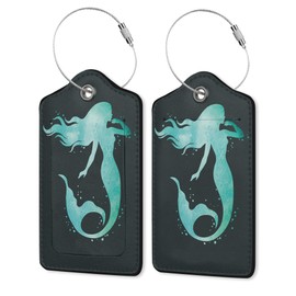 2 Pack PU Leahter Luggage Tag with Stainless Steel Loop,Green Mermaid Luggage Tag Travel Suitcase Labels with Privacy Cover ID Label Quickly Spot for Bags & Baggage