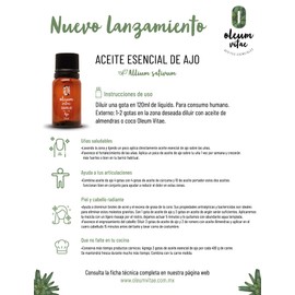 OLEUM VITAE Aceite Esencial de Ajo. Allium Sativum. 100% Puro y Orgánico. Certificado USDA ORGANIC. Aplicación Atomática, Interna y Externa. 15ml