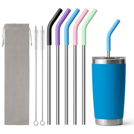 Diumepo Metal Straws Reusable With Silicone Tips for Yeti 20 oz Tumbler, 8.5" Stainless Steel Straight Drinking Straw- 2 Cleaning Brushes & 1 Portable Bag
