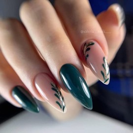 24 PCS Press on Nails Short Almond Medium Fake False Nails With Glue, Gel Acrylic Nail Art Nails for Women Girls (Dark Green Leaves)