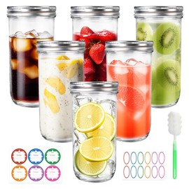LOSANJI 24OZ Wide Mouth Mason Jars (6 Pack), Glass Canning Jars with Airtight Lids, Brush, Labels - for Pickling, Fermenting, Food Storage, Overnight Oats & Preserves, Microwave & Dishwasher Safe